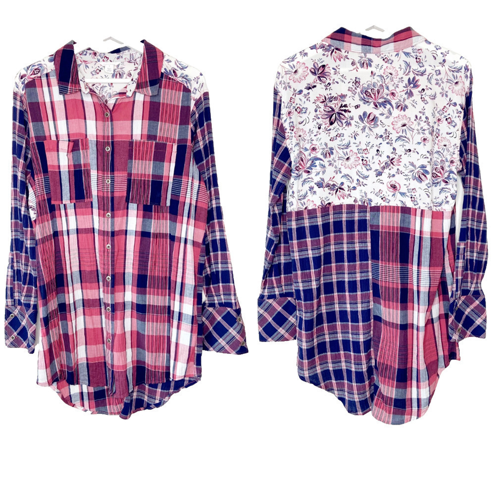 Caslon Floral Back Red and Blue Plaid Button Up Tunic Top S